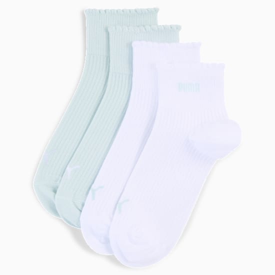 Mint and white PUMA socks with ribbed texture and a ruffled edge for women.