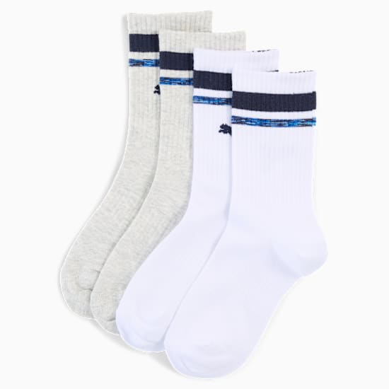 Grey and white PUMA socks with navy and blue stripes at the top for adults.