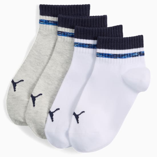Szare i białe skarpety PUMA dla dorosłych z granatowymi ściągaczami i logo.