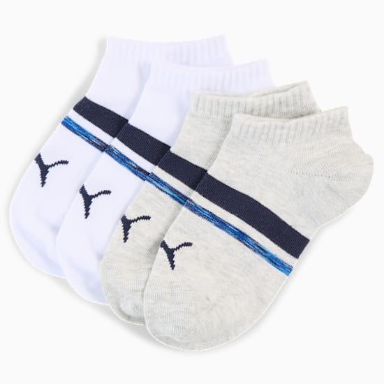 Białe i szare skarpety PUMA dla dorosłych, z paskami i logo.