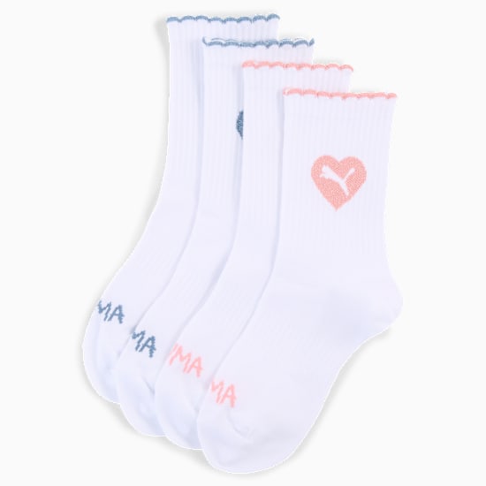 White PUMA socks (girls) with blue/pink trim and heart logo detail.