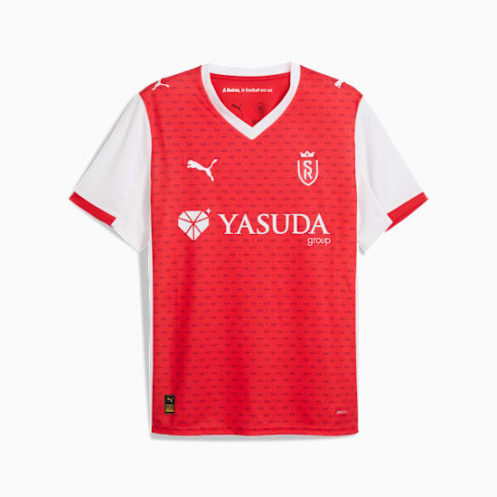 Red PUMA football shirt for adults with white sleeves and sponsor logos.