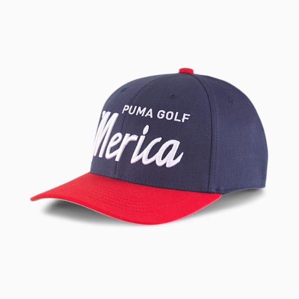 Merica Script Snapback Cap, Navy Blazer-High Risk Red, extralarge
