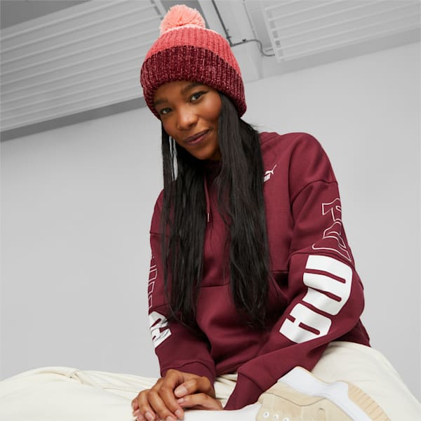 Women's Pom Pom Beanie, Peach Smoothie-Electric Blush-Dark Jasper, extralarge-IND