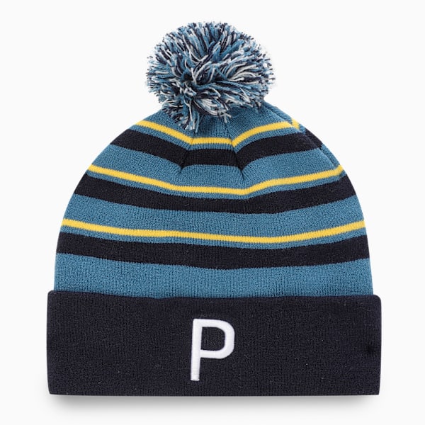 WRMLBL Men's Golf Stripe Pom Beanie, Deep Navy-Blue Horizon-Pelé Yellow, extralarge-IND