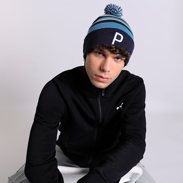 WRMLBL Men's Golf Stripe Pom Beanie, Deep Navy-Blue Horizon-Pelé Yellow, extralarge-IND