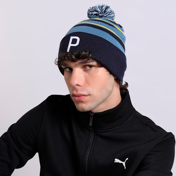 WRMLBL Men's Golf Stripe Pom Beanie, Deep Navy-Blue Horizon-Pelé Yellow, extralarge-IND