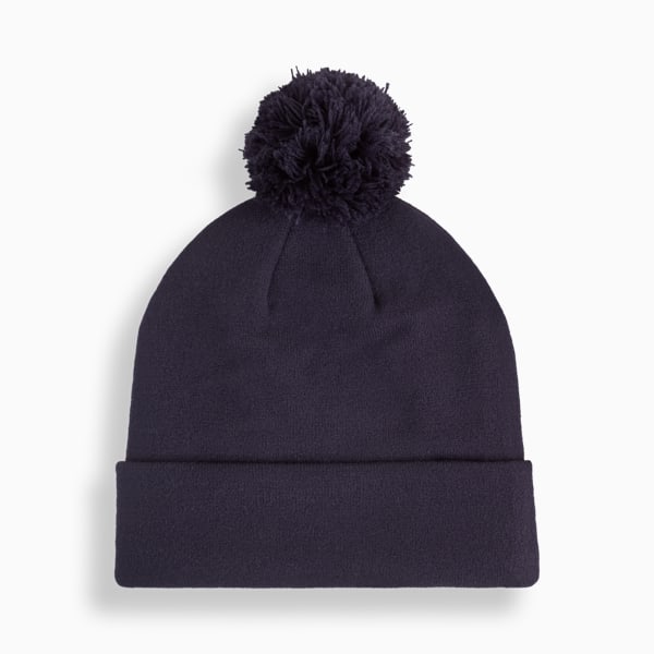 Navy PUMA beanie hat, adult size, with a fluffy pom-pom on top.