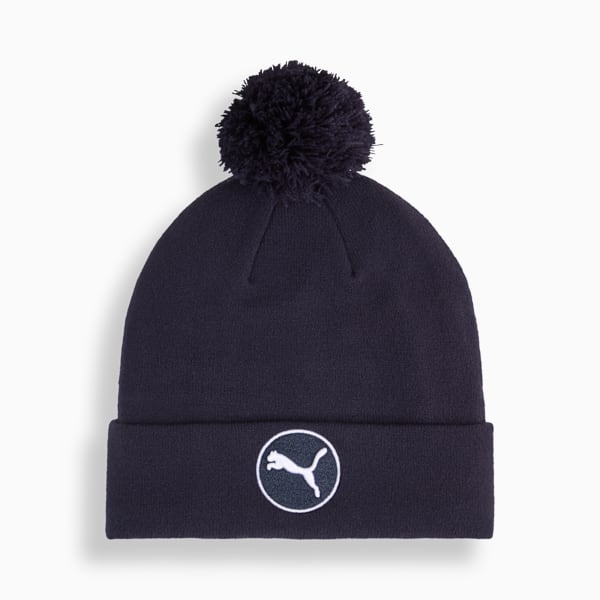 Navy PUMA beanie for adults with pompom and logo on the front.