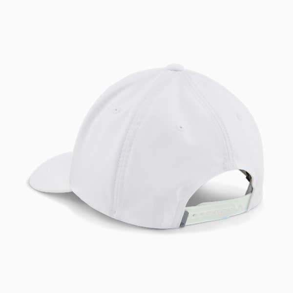 White PUMA cap, adult, featuring an adjustable strap at the back for a custom fit.