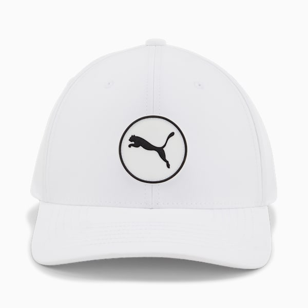 White PUMA cap for adults with a black logo patch on the front panel.