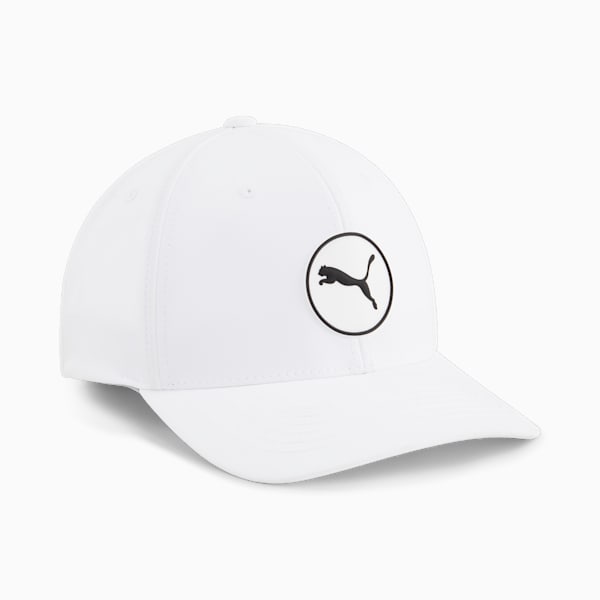 White PUMA cap with a black logo inside a circle on the front panel.