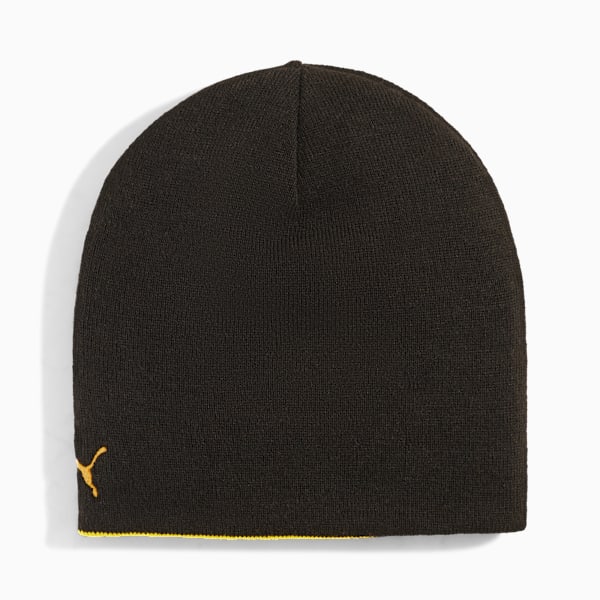 Brown PUMA beanie hat with yellow logo and trim detail.