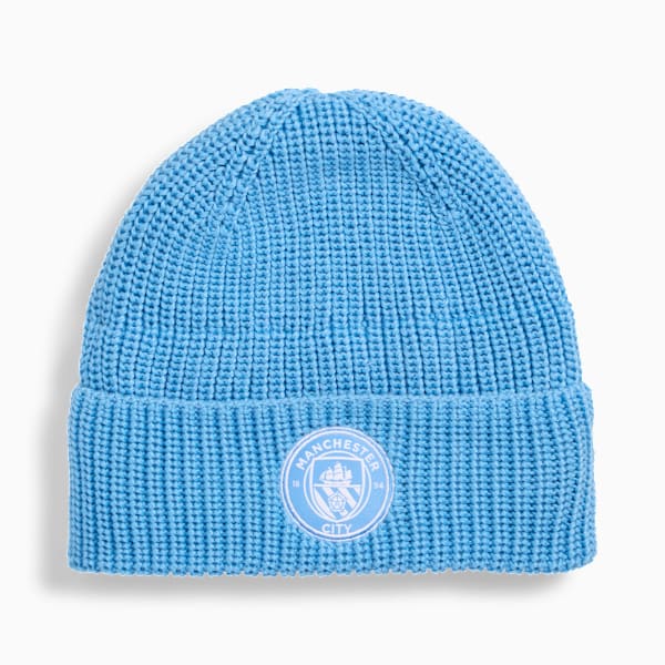 Light blue PUMA beanie hat with a ribbed knit and Manchester City logo.