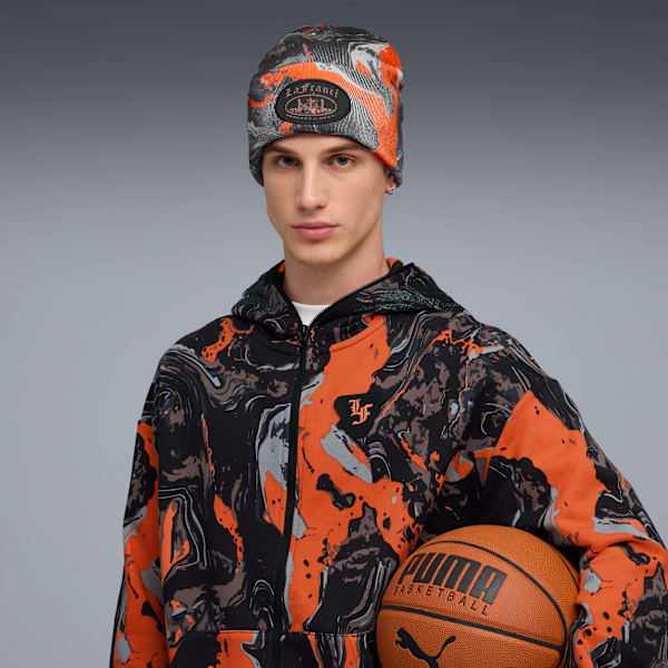LAFRANCÉ Mid Crown Beanie Unisex, Flat Dark Gray-Galactic Gray-Orange Glo-AOP, extralarge