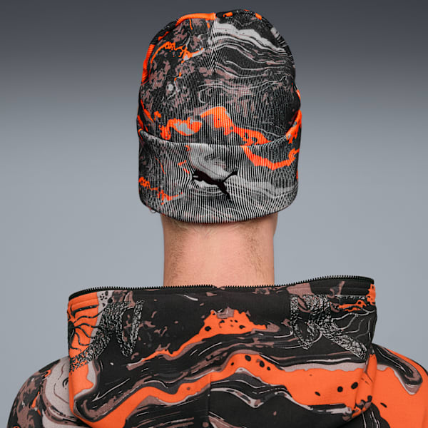 LAFRANCÉ Mid Crown Beanie Unisex, Flat Dark Gray-Galactic Gray-Orange Glo-AOP, extralarge