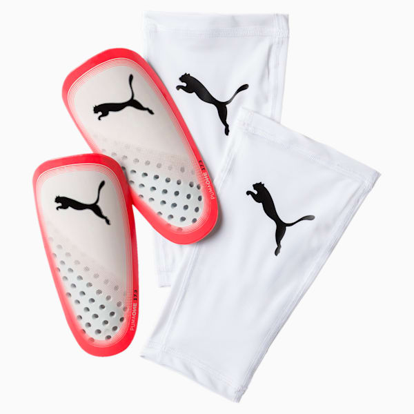 ONE 17.3 Slip Shin Guards, Puma White-Fiery Coral, extralarge