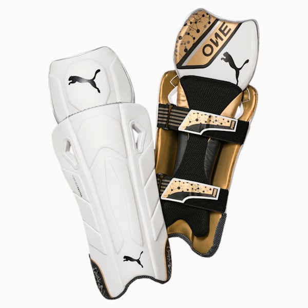 PUMA ONE 20.1 Cricket Wicket Keeper Pads, Puma Black-Gold, extralarge-IND