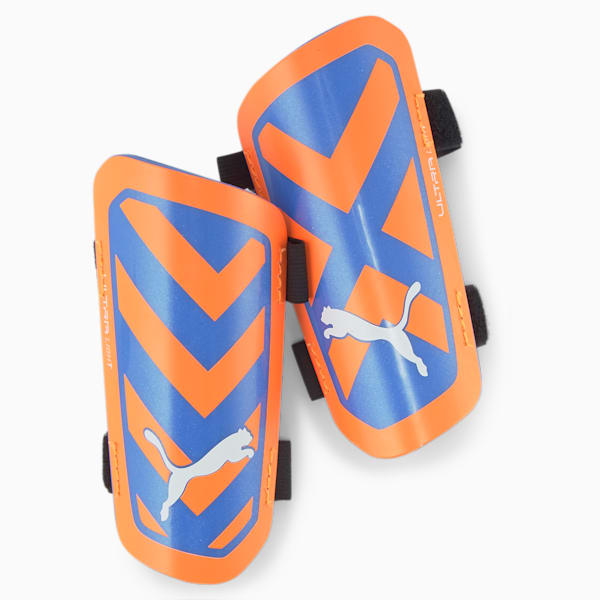 ULTRA Light Strap Football Shin Guards, Ultra Orange-Blue Glimmer, extralarge