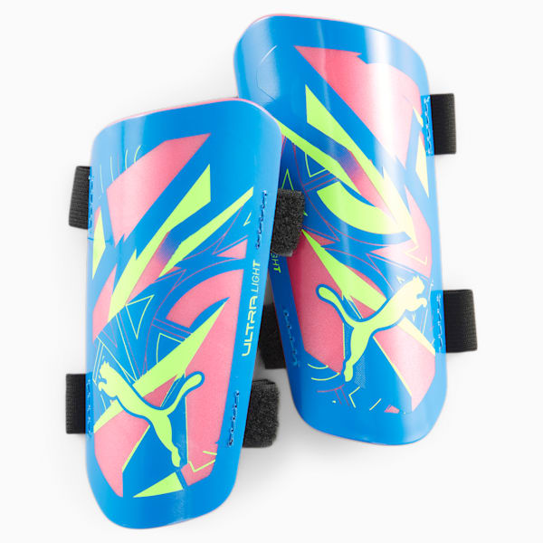 ULTRA Light ENERGY Strap Football Shin Guards, Ultra Blue-Yellow Alert-Luminous Pink, extralarge-GBR