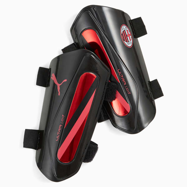 Protège-tibias de soccer AC Milan Essentials ULTRA légers, PUMA Black-For All Time Red, extralarge