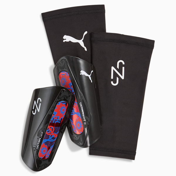 Neymar Jr ULTRA Light Sleeve Football Shinguards, PUMA Black-PUMA Red-Ultra Blue, extralarge-GBR