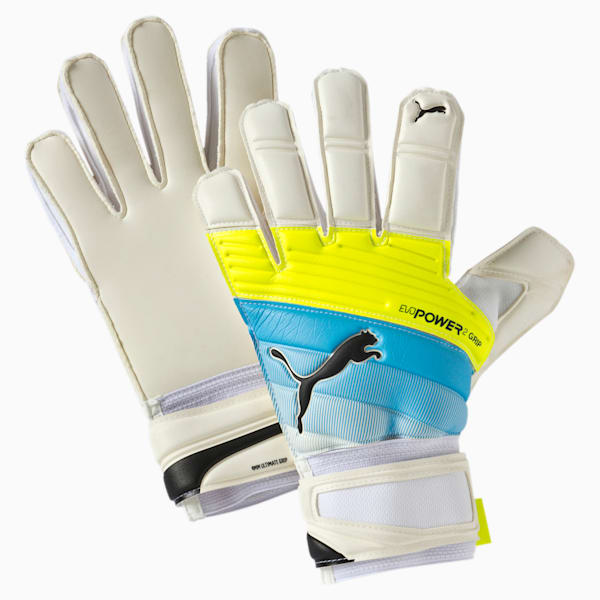 evoPOWER Grip 2.3 RC Soccer Goalkeeper Gloves, white-atomic blue-yellow, extralarge