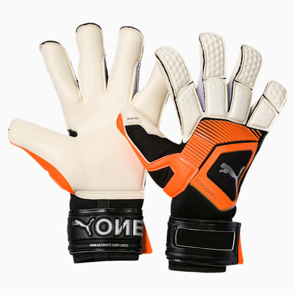PUMA ONE Grip 1 Hybrid Pro Goalkeeper Gloves, White-Orange-Black-Silver, extralarge