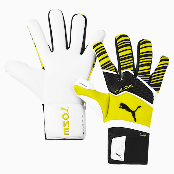 PUMA One Grip 1 Hybrid Pro Goalkeeper Gloves, Yellow Alert-Puma Black-Puma White, extralarge
