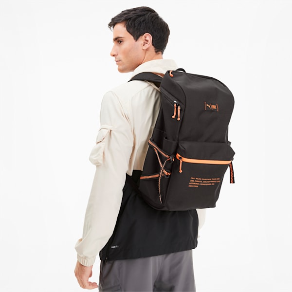 PUMA x FIRST MILE Running Backpack, Puma Black-Fizzy Orange, extralarge