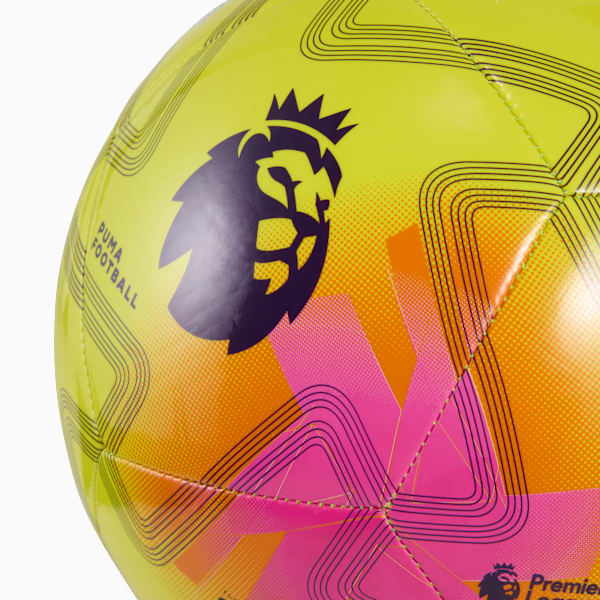 Yellow PUMA football with Premier League logo and pink and orange geometric design.