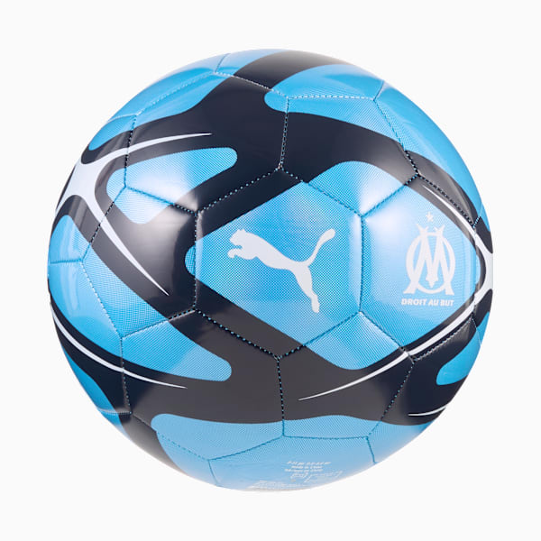Blue PUMA football with navy and white accents, plus logos and geometric pattern.