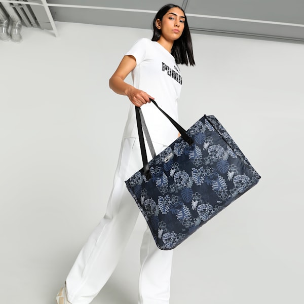 Tropical Print Women's Tote Bag, PUMA Black-AOP, extralarge-IND