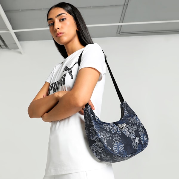 Tropical Print Women's Shoulder Bag, PUMA Black-AOP, extralarge-IND