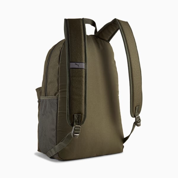 Olive PUMA unisex backpack with adjustable straps and mesh side pocket.