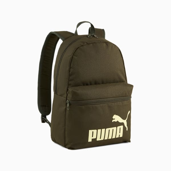Olive PUMA unisex backpack with a front pocket and logo detail.