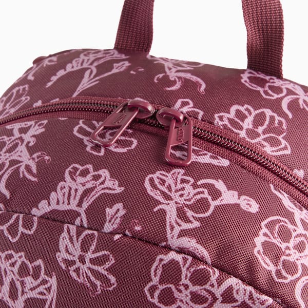 Burgundy PUMA rucksack with a floral pattern and zip closure detail.