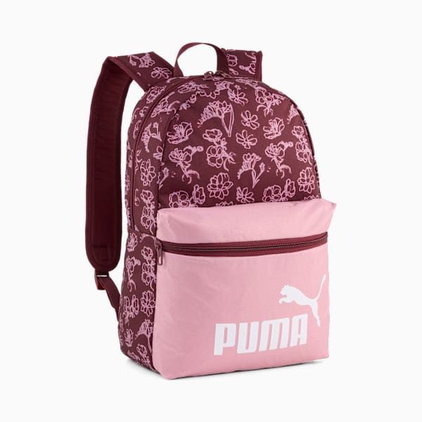 Burgundy PUMA rucksack with floral pattern and pink front pocket, for general use.
