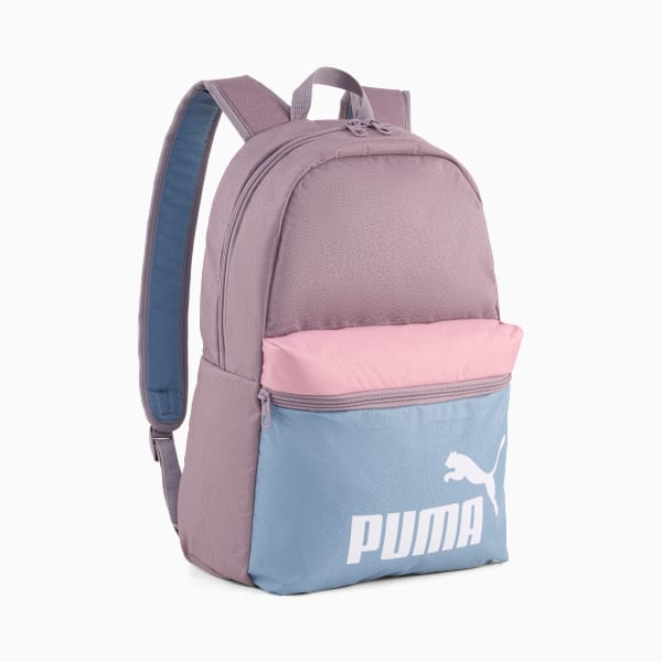 Lilac PUMA backpack with light blue and pink accents, featuring the logo.