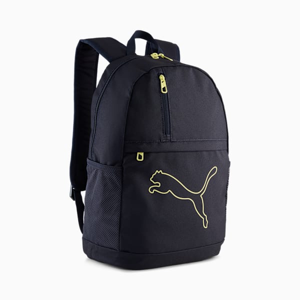 Navy PUMA rucksack with yellow logo, zip pocket and mesh side pocket.