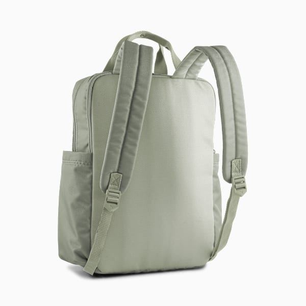 Green PUMA women's backpack with adjustable straps and side pocket.