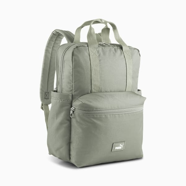 Grey PUMA women's backpack with zip pockets and carry handles on top.