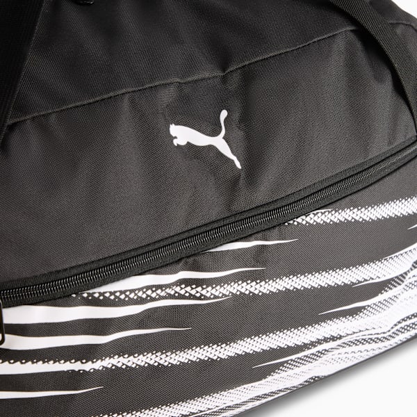 Black PUMA holdall with white logo and stripe design near a zip closure.