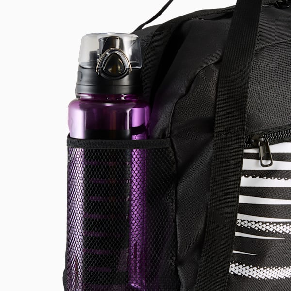 Black PUMA training bag featuring a purple water bottle in a mesh side pocket.