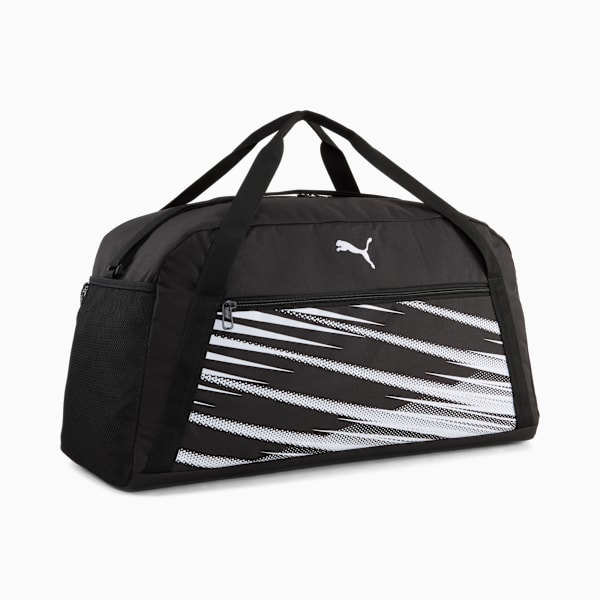 Black PUMA holdall with white striped design and handles.