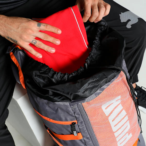 PUMA Trailtrekker Multi-Compartment Rucksack 54.5L, Flat Mid Gray-Rickie Orange-colorblock, extralarge-IND
