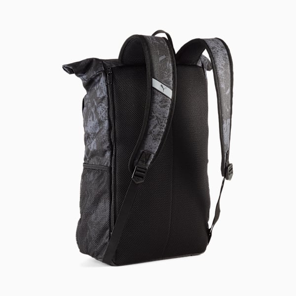 Black PUMA rucksack featuring a roll-top closure and patterned accents.
