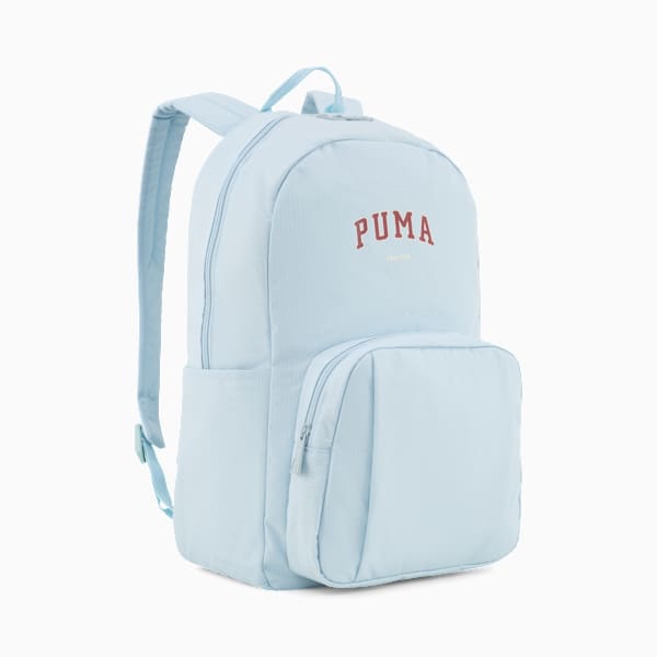 Light blue PUMA backpack with front pocket and brand logo detail.
