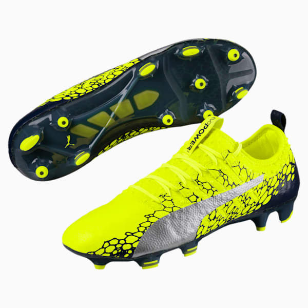 evoPOWER Vigor 1 Graphic FG Men's Firm Ground Soccer Cleats, Safety Yellow-Silver-Blue Depths, extralarge
