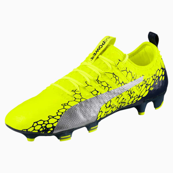 evoPOWER Vigor 1 Graphic FG Men's Firm Ground Soccer Cleats, Safety Yellow-Silver-Blue Depths, extralarge